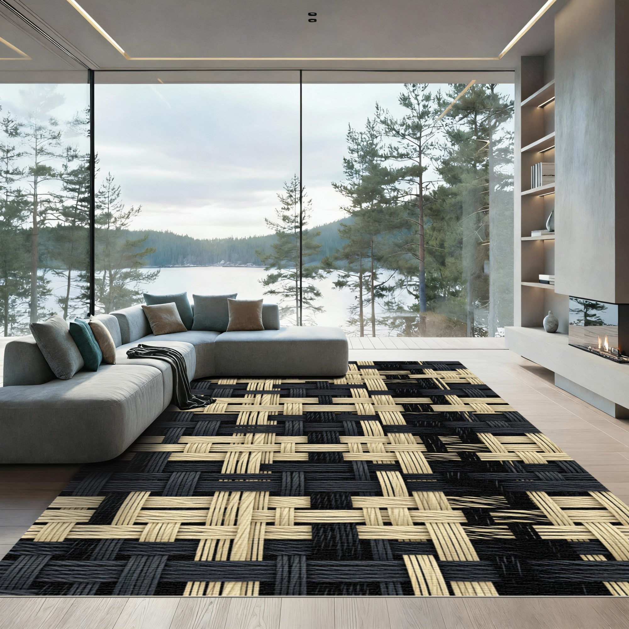 Modern Black and Cream Interlocking Weave Rug
