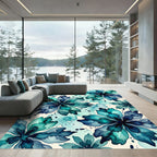 Watercolor Teal Blue Floral Arrangement Rug