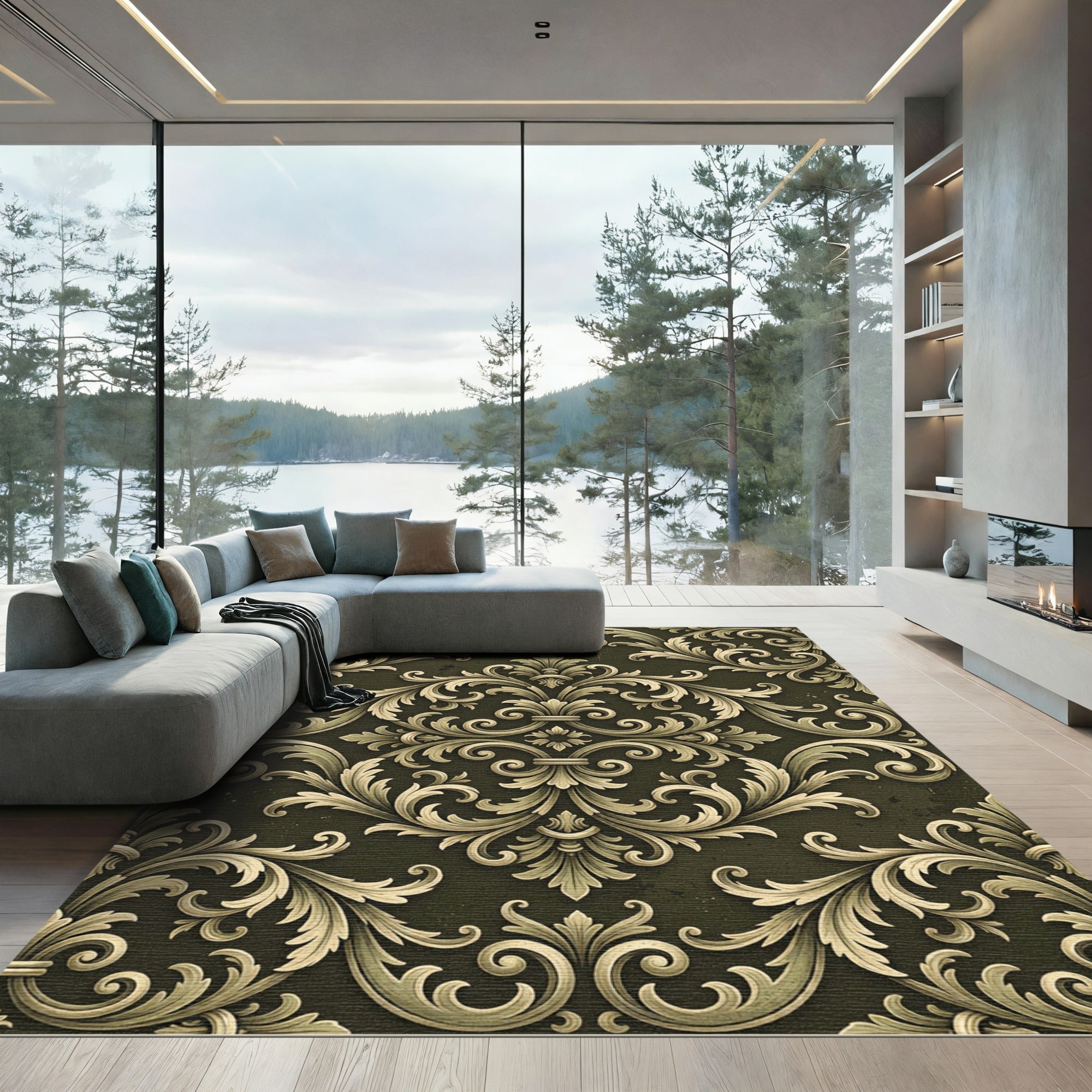 Ornate Cream Damask Olive Scroll Rug