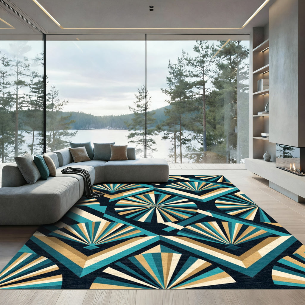 Turquoise Gold Geometric Fan Rug