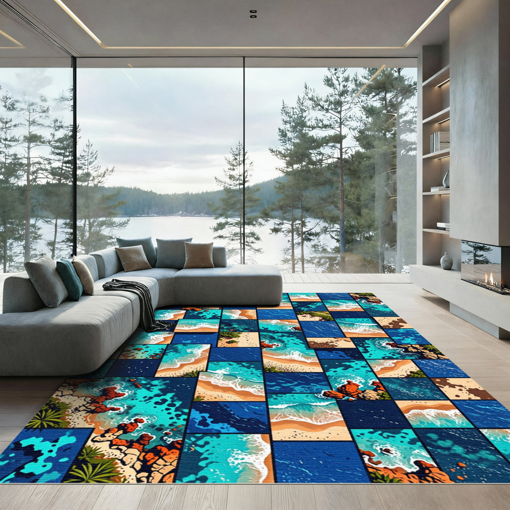 Coastal Abstract Aerial Turquoise Ocean Grid Rug