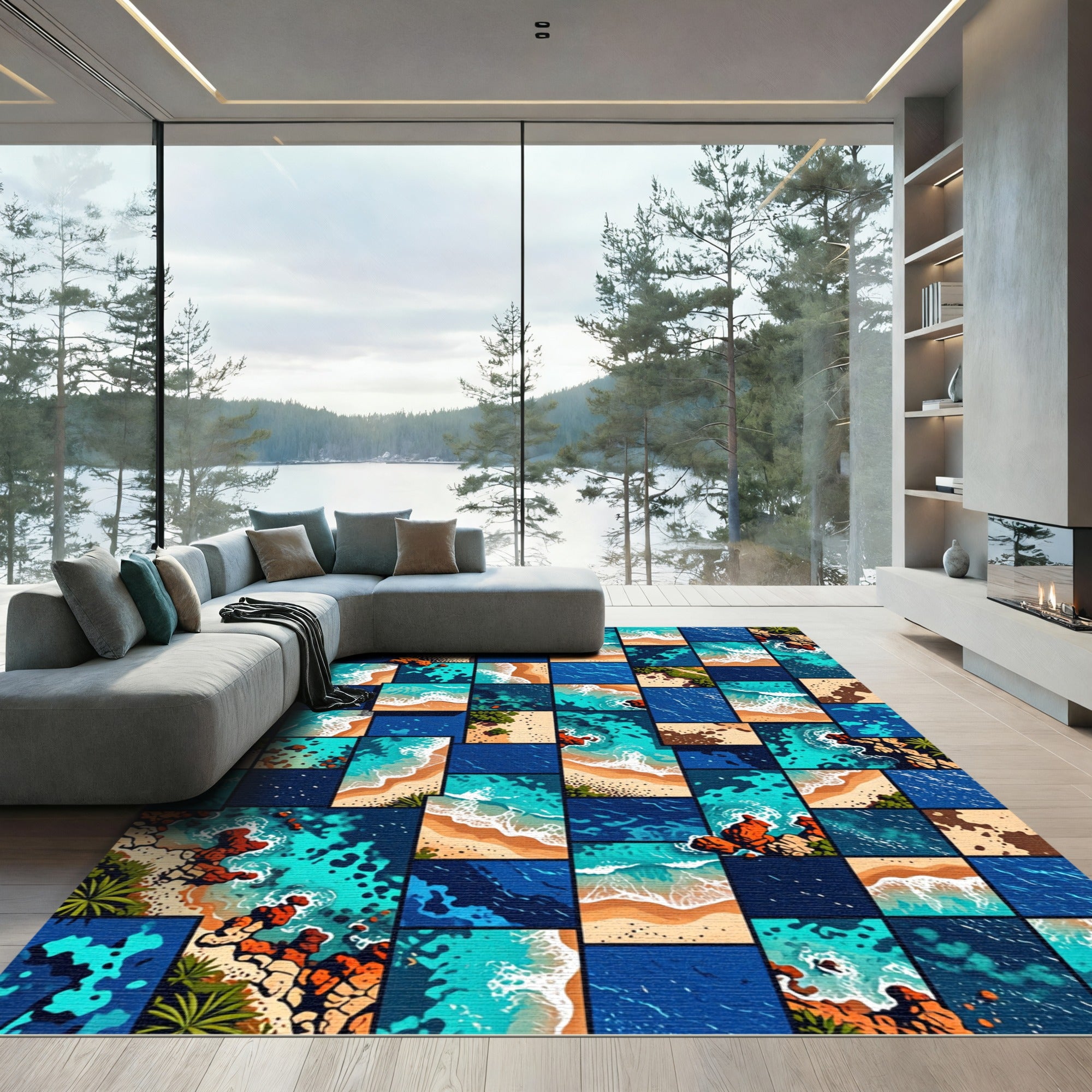 Coastal Abstract Aerial Turquoise Ocean Grid Rug