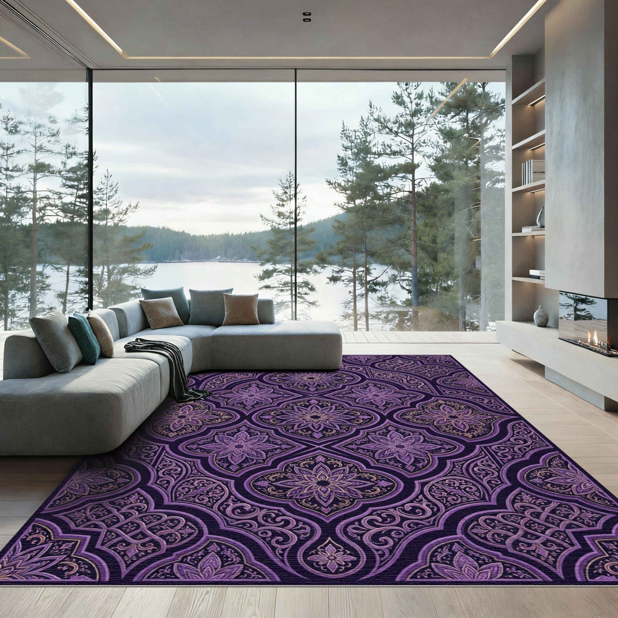 Ornate Deep Purple Floral Damask Rug