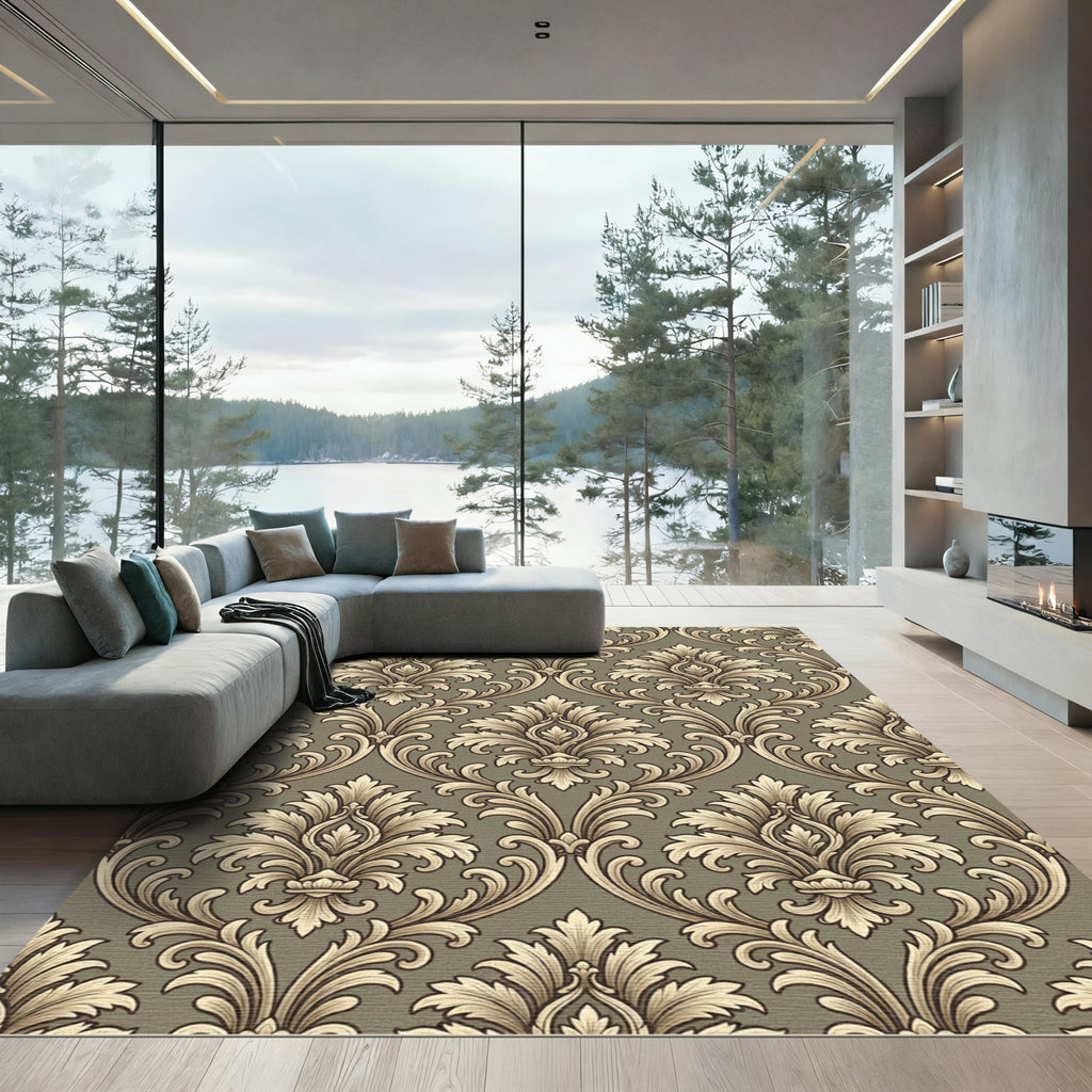 Antique Beige Raised Damask Scroll Rug