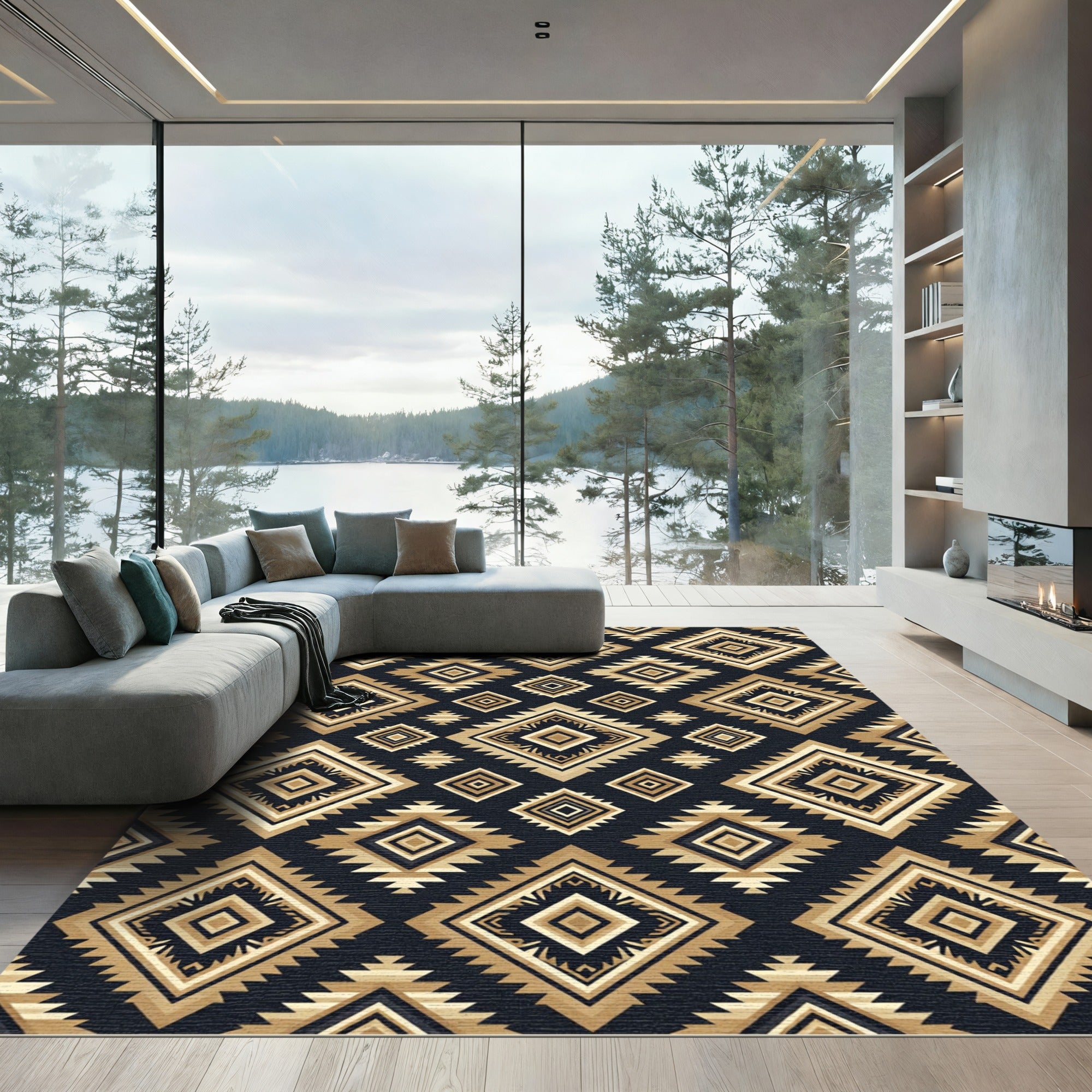 Golden Geometric Diamond Aztec Art Rug