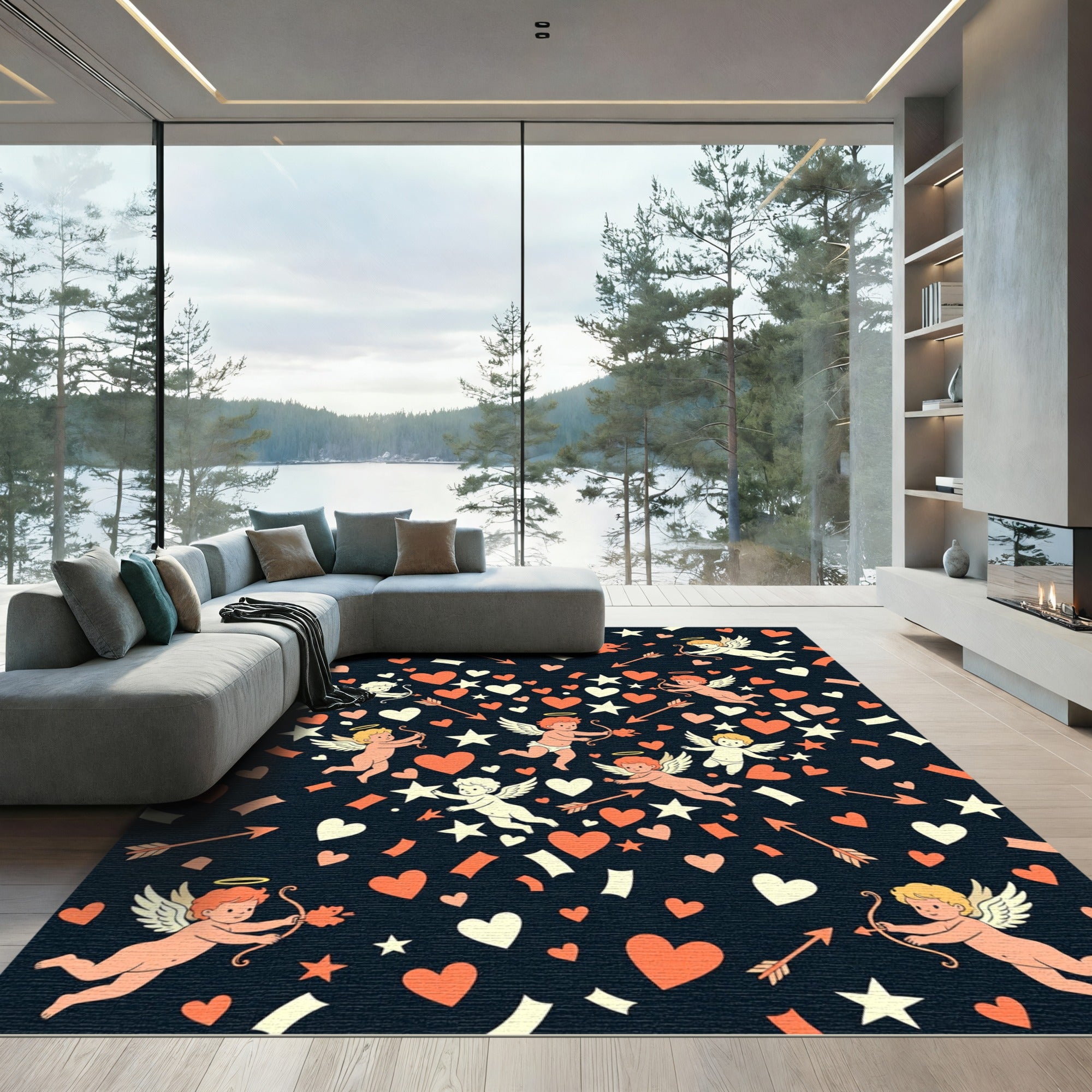 Playful Cupid Hearts and Stars Compositions Rug
