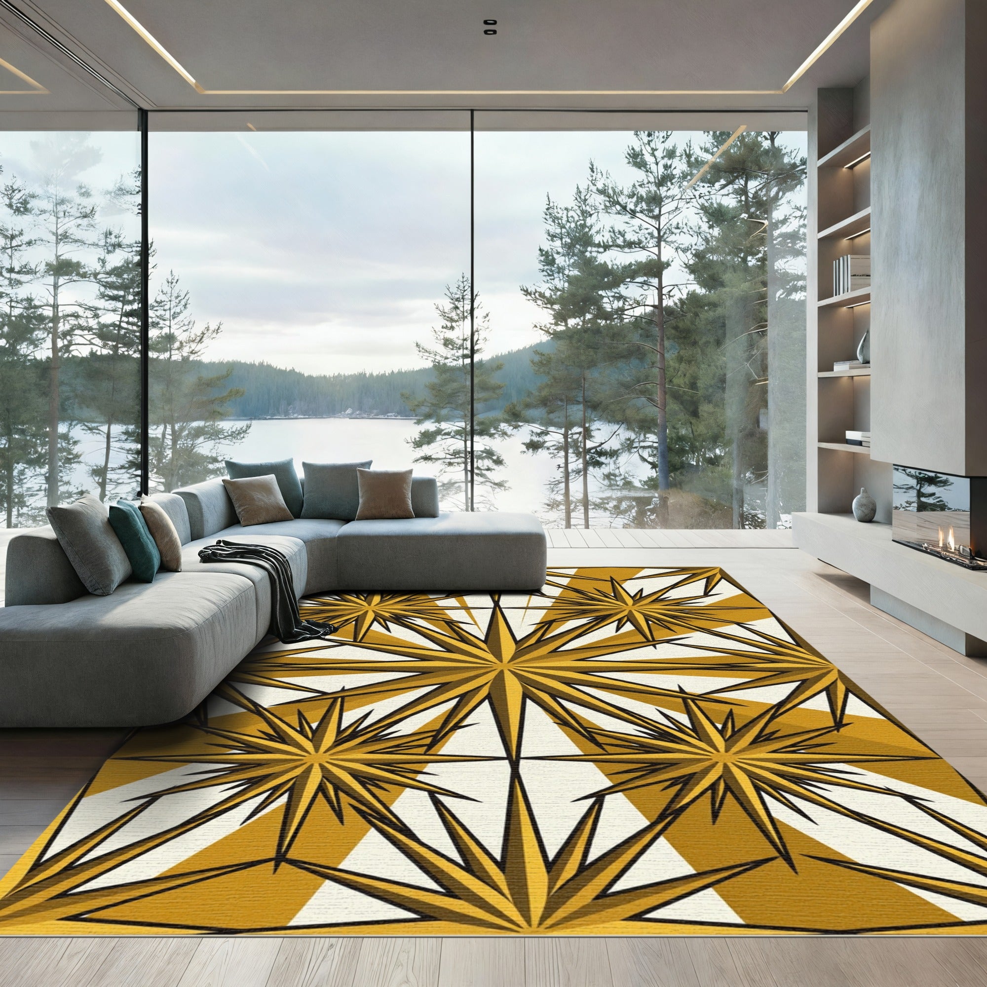 Golden Celestial Geometric Starburst Rug