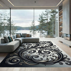 Ornate Black Silver Swirl Flourish Rug