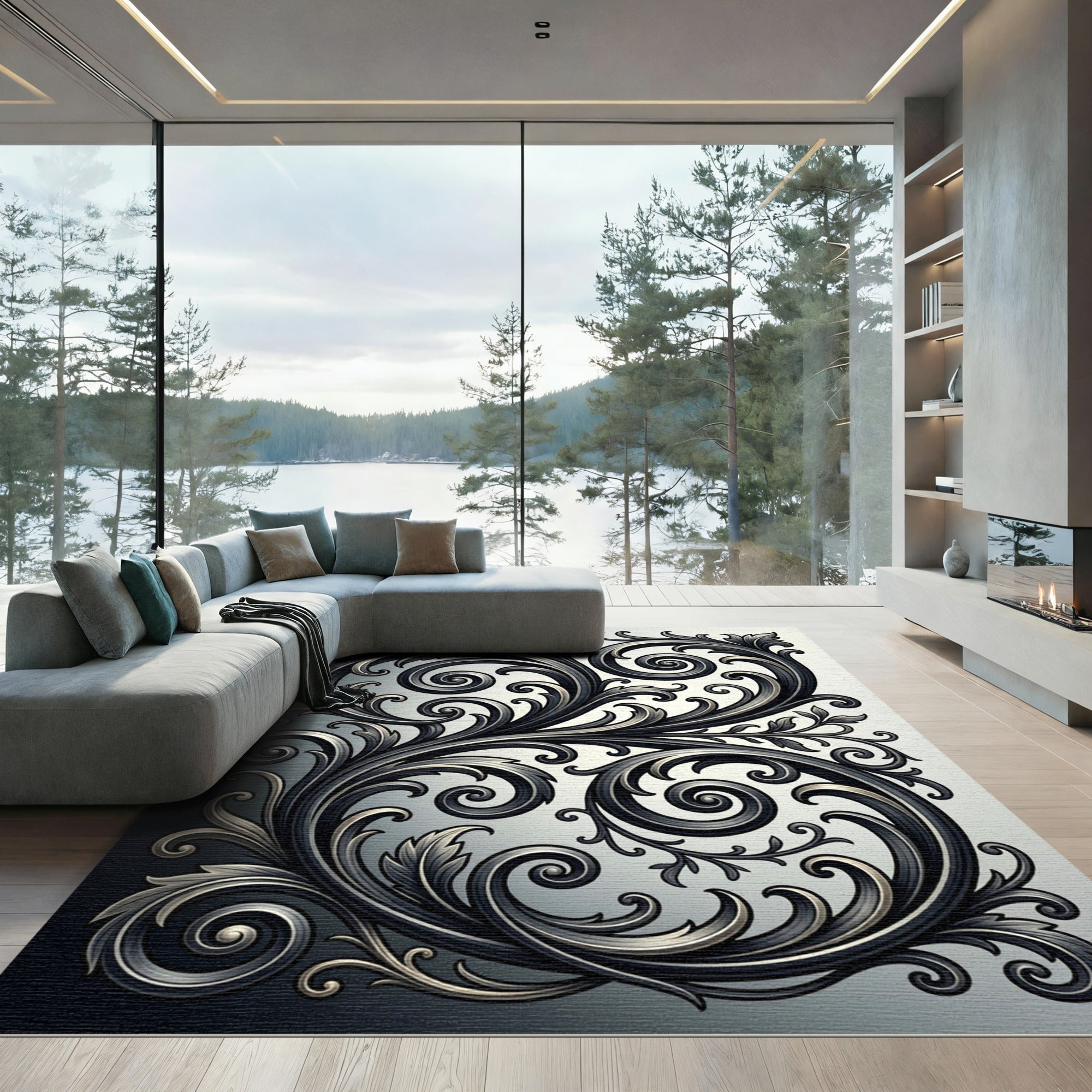 Ornate Black Silver Swirl Flourish Rug