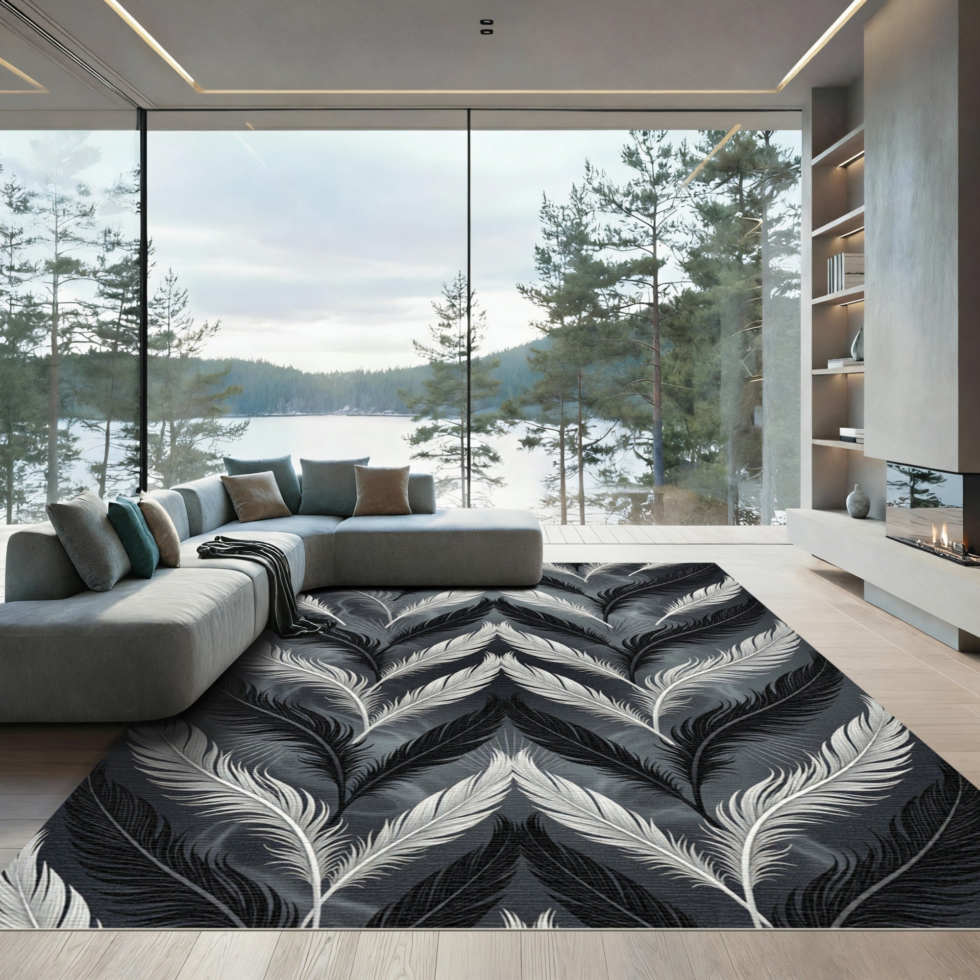 Monochrome Feather Chevron Arrangement Rug
