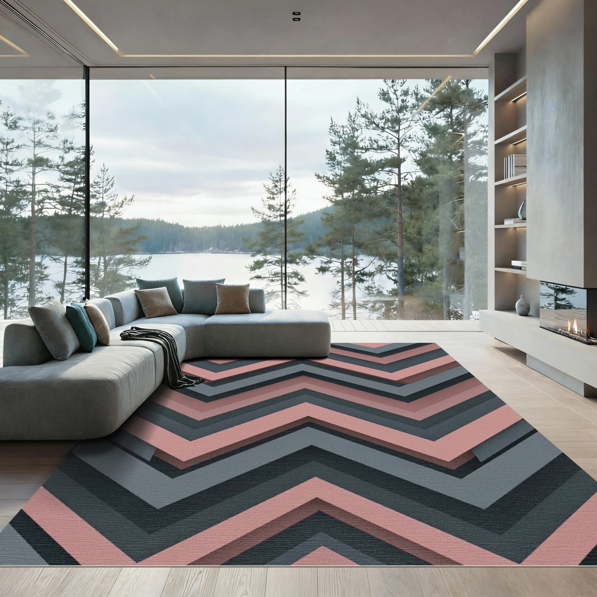 Modern Dusty Rose Slate Chevron Zigzag Rug