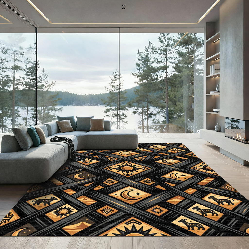 Celestial Gold Sun and Moon Grid Rug
