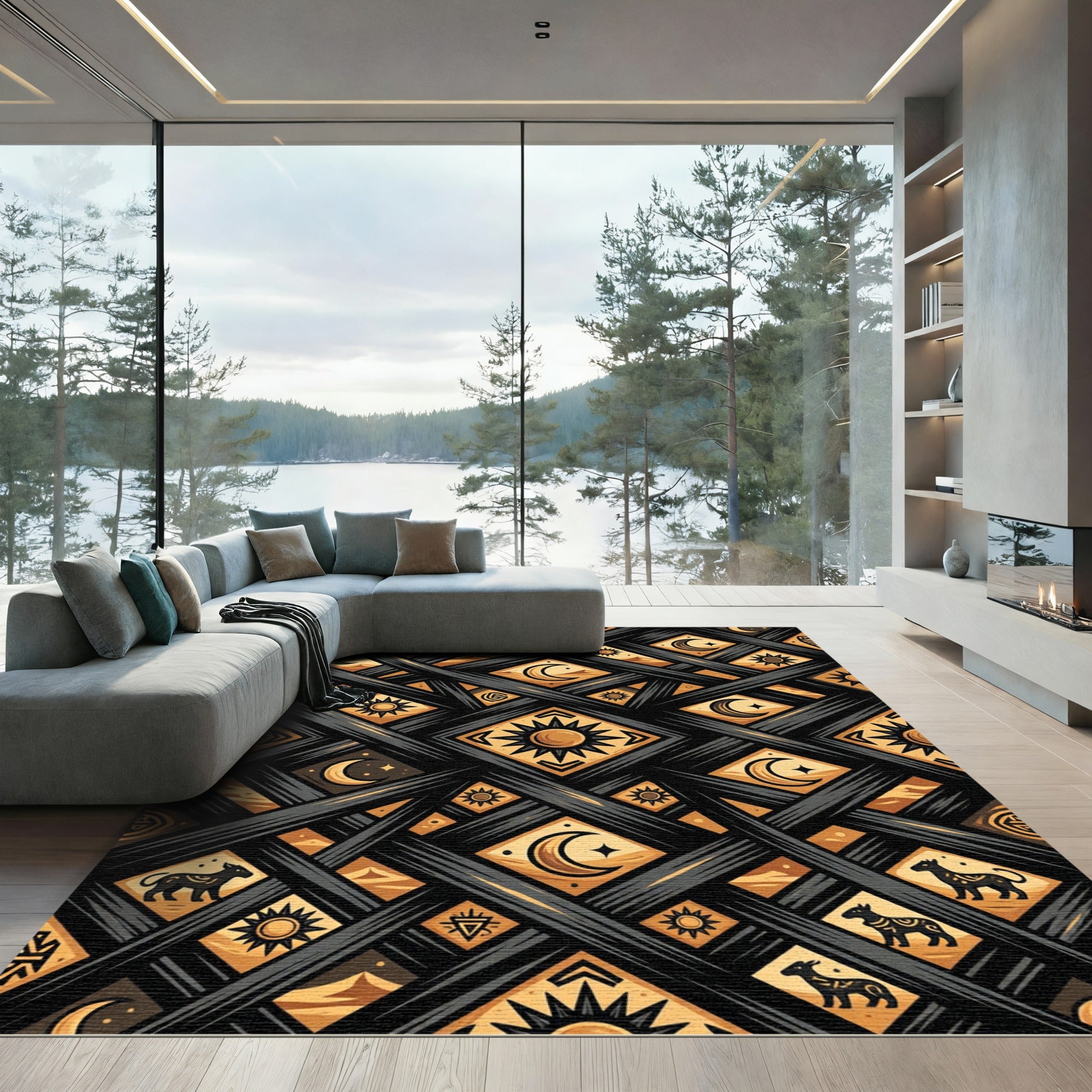 Celestial Gold Sun and Moon Grid Rug