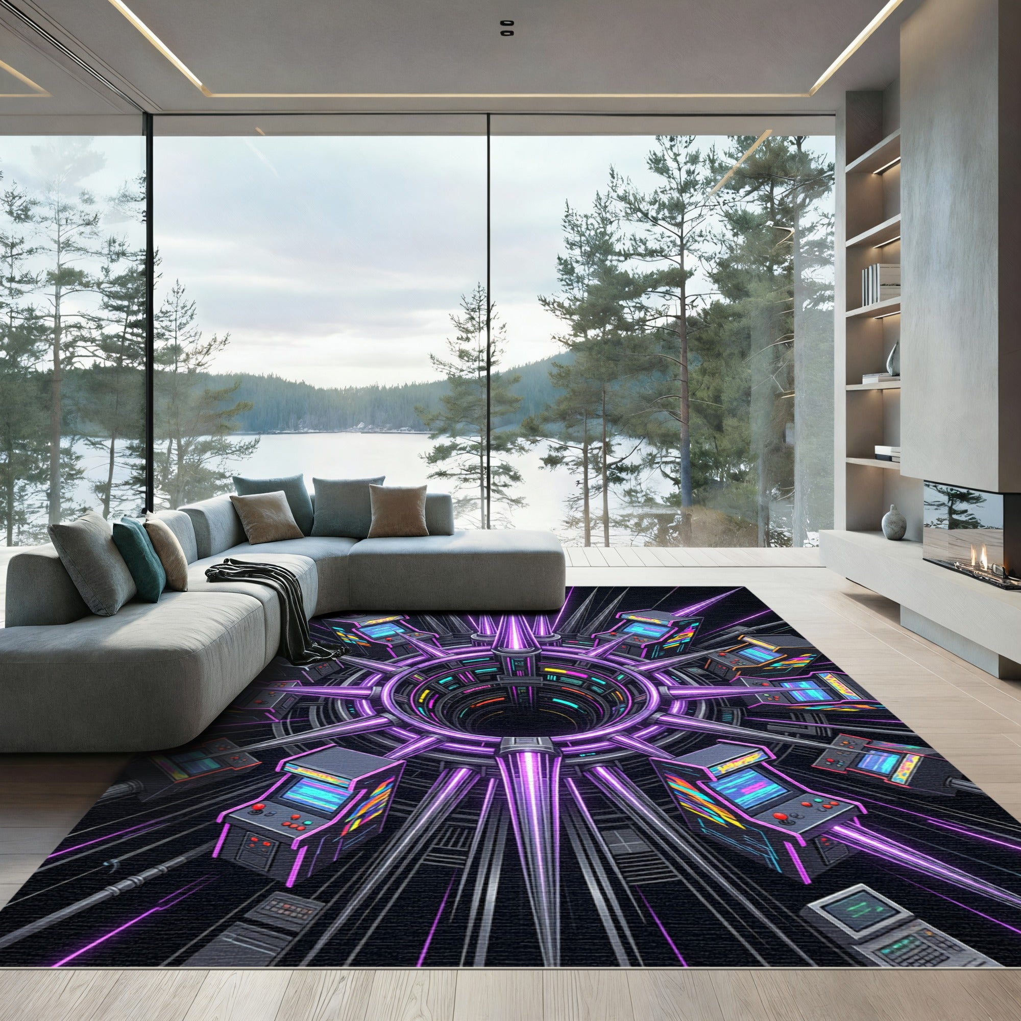 Neon Arcade Portal Cyberpunk Art Rug