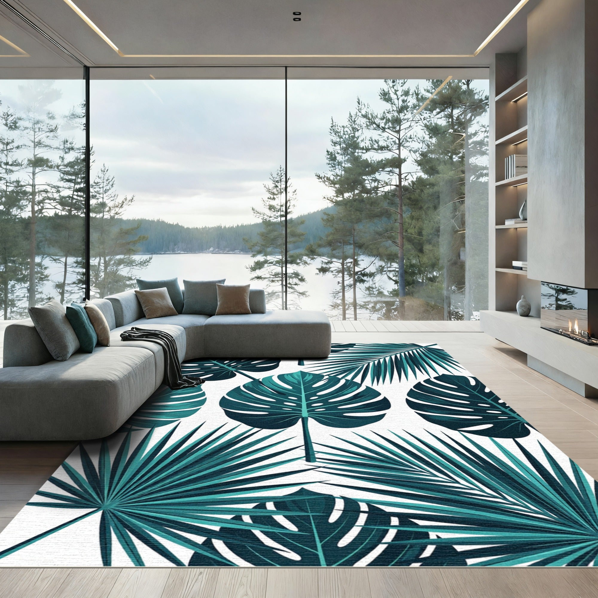 Teal Tropical Foliage Botanical Sweep Rug