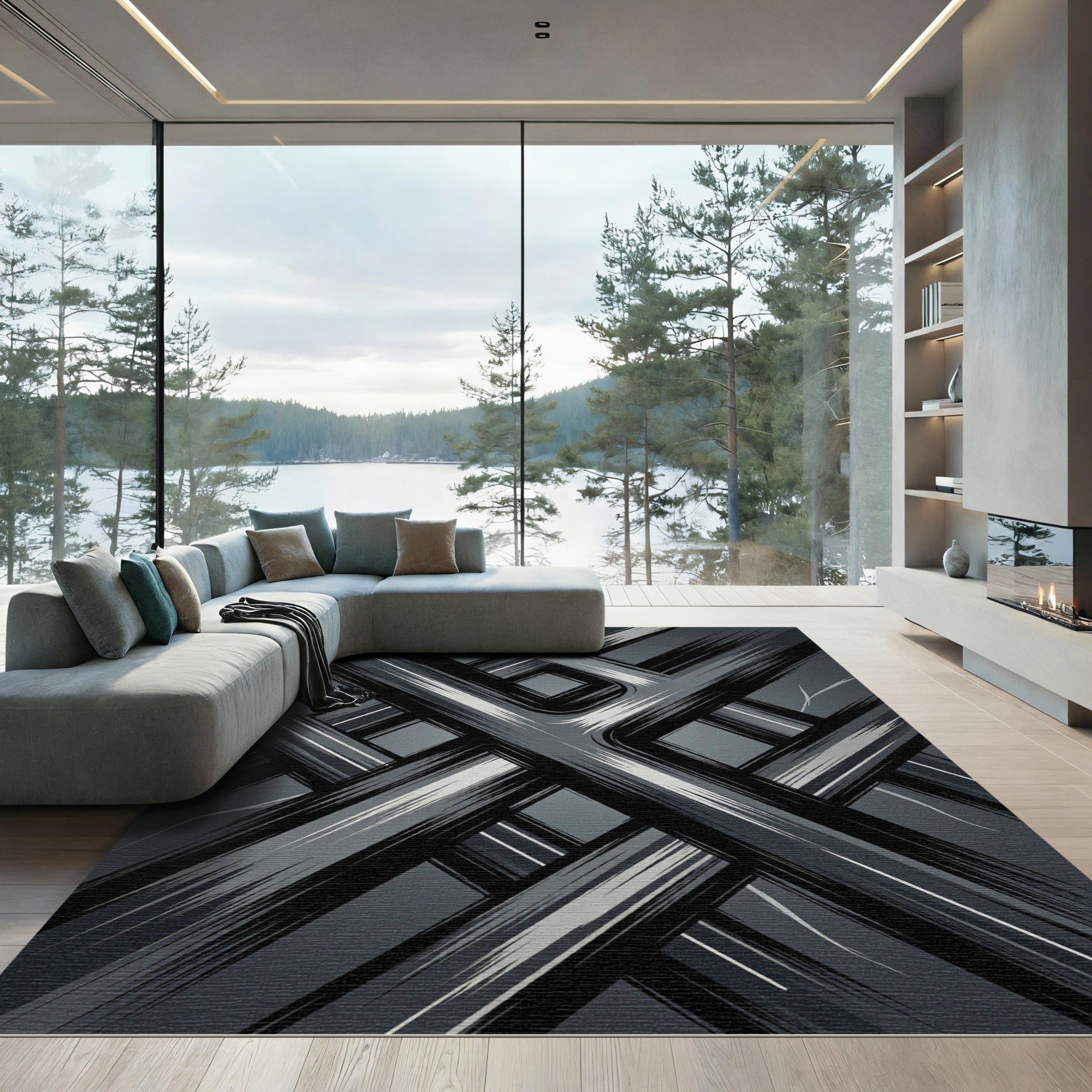 Monochromatic Abstract Linear Intersecting Monochrome Art Rug