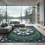 Ornate Teal Daisy Floral Mandala Rug