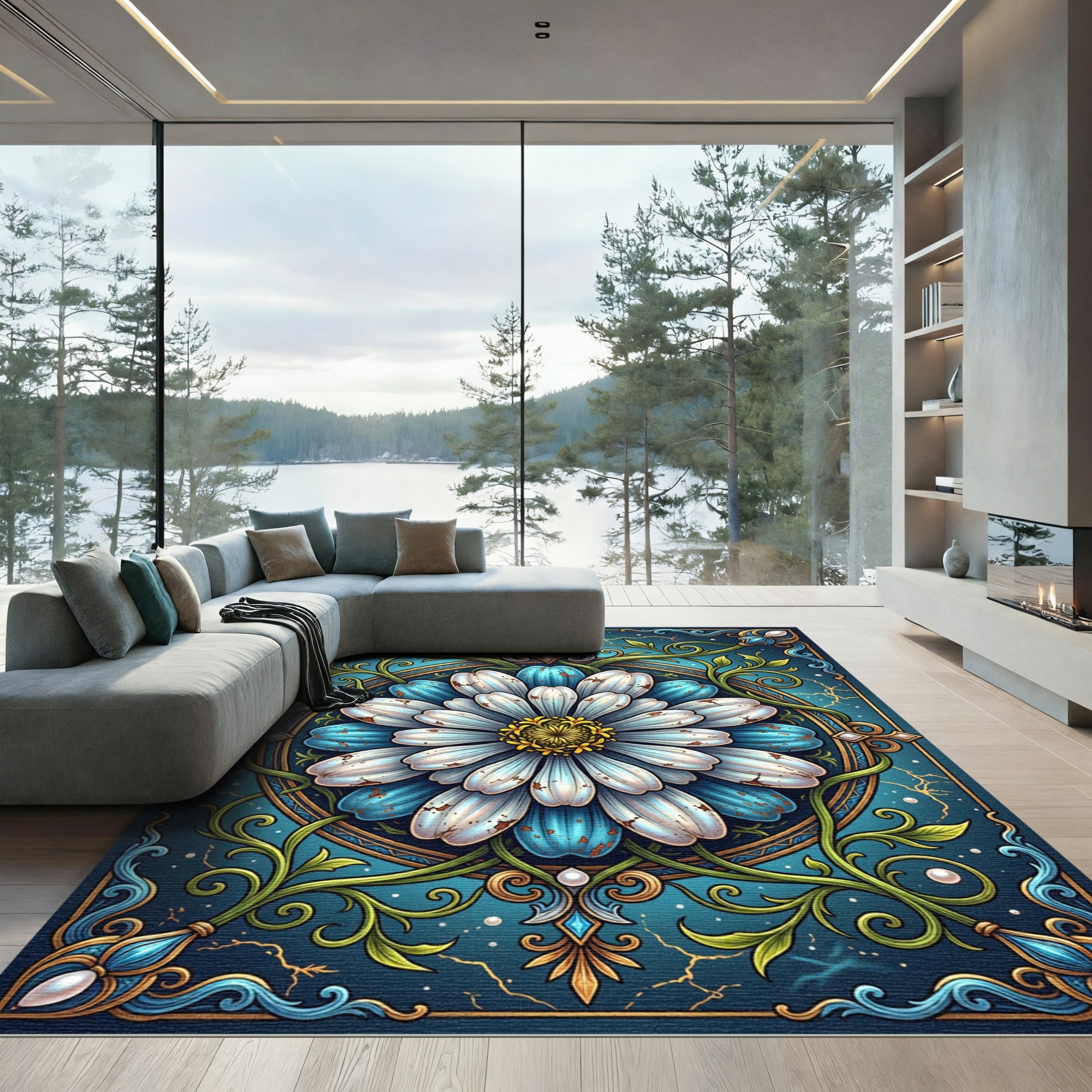 Ornate Teal Daisy Floral Mandala Rug