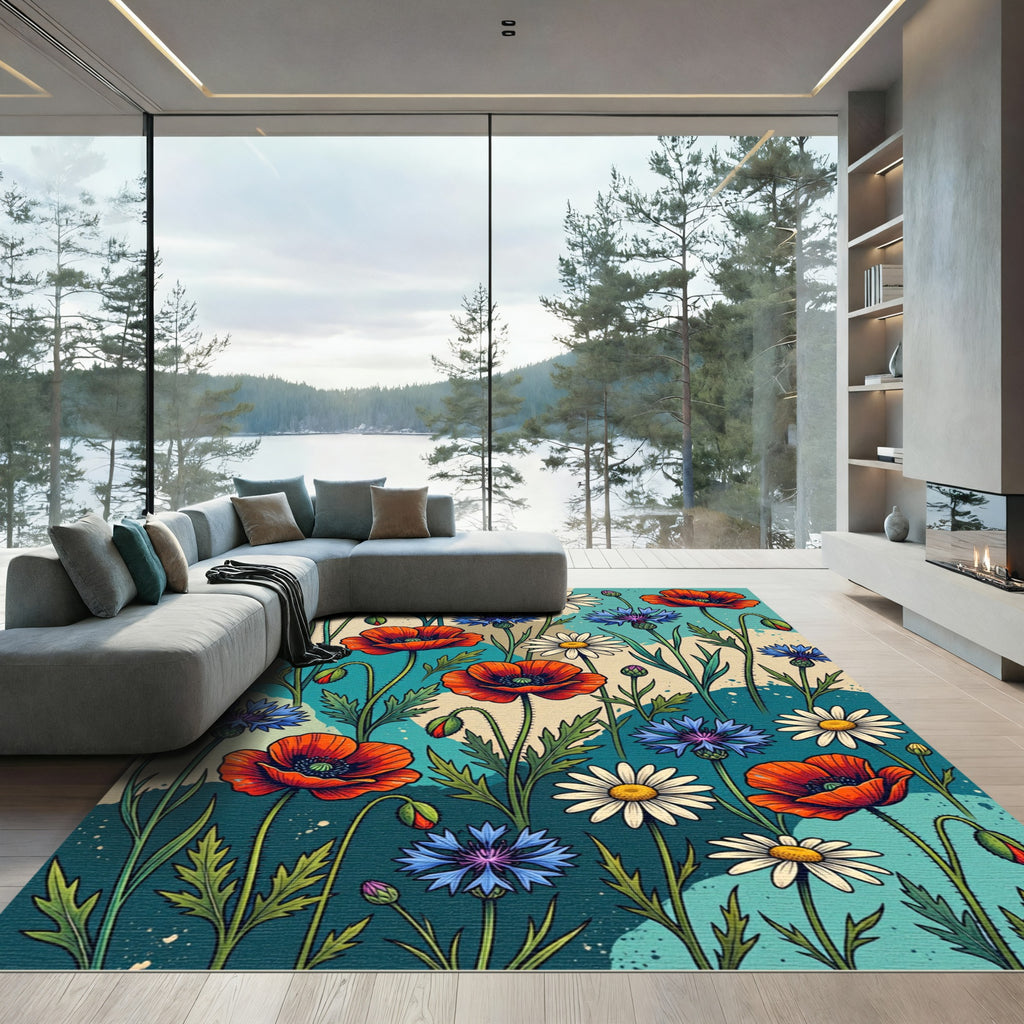 Vibrant Meadow Poppy Daisy Floral Tapestry Rug