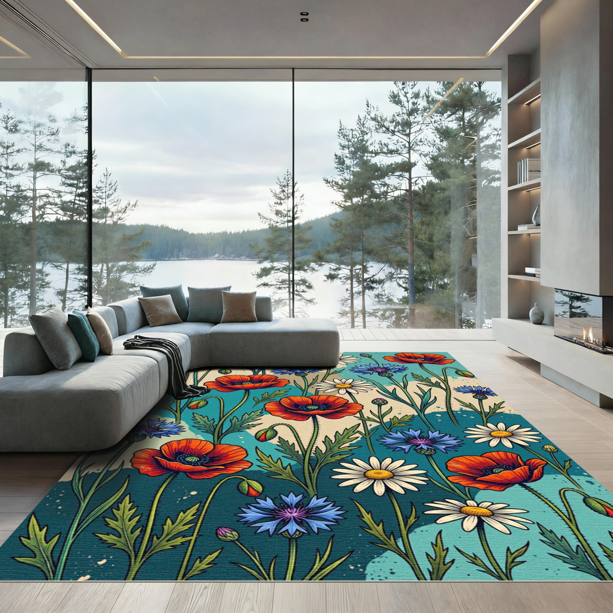Vibrant Meadow Poppy Daisy Floral Tapestry Rug