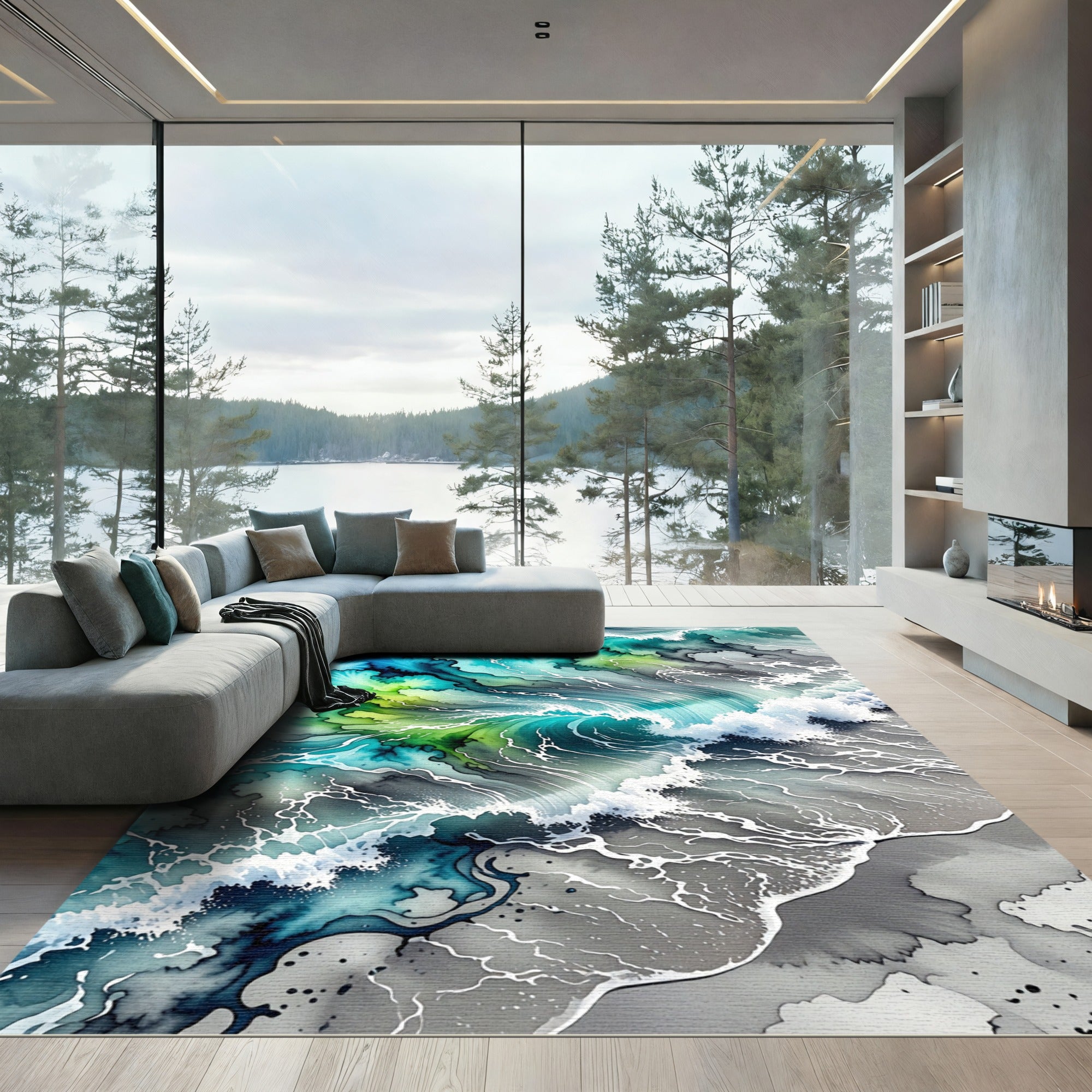 Vibrant Teal Ocean Wave Abstract Rug