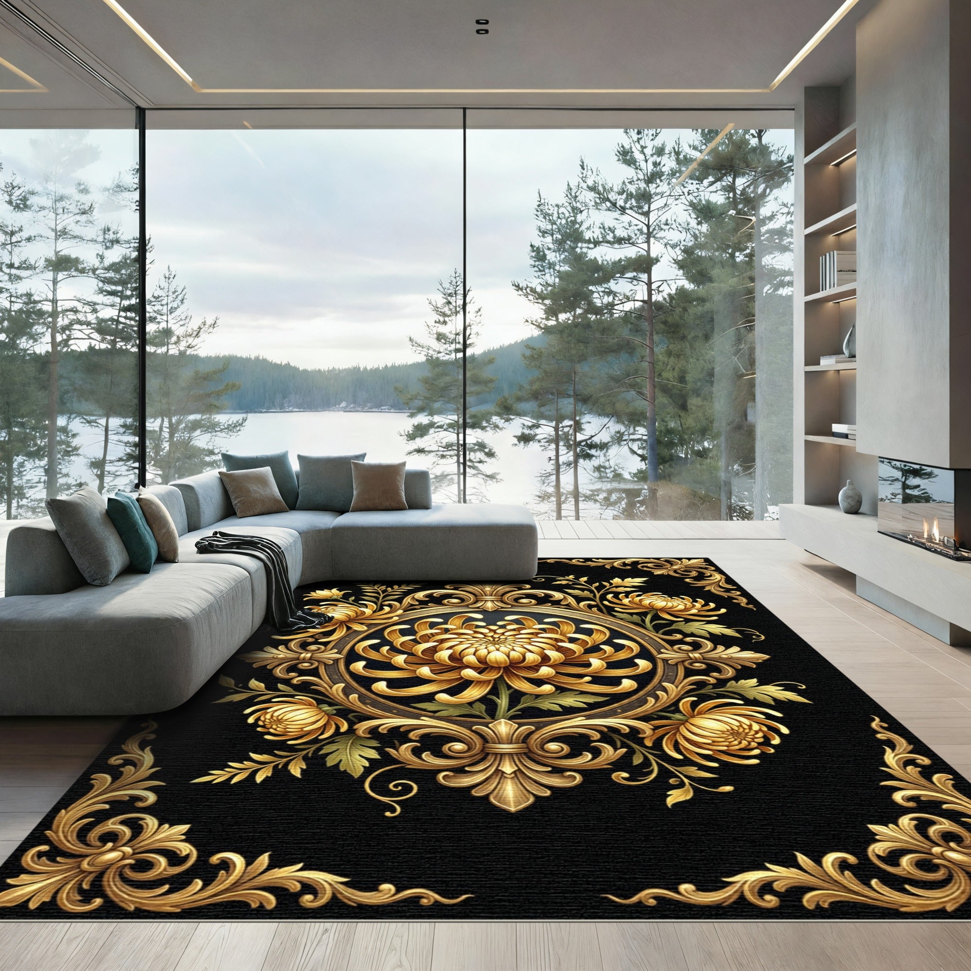 Gold Chrysanthemum Floral Scrollwork Rug