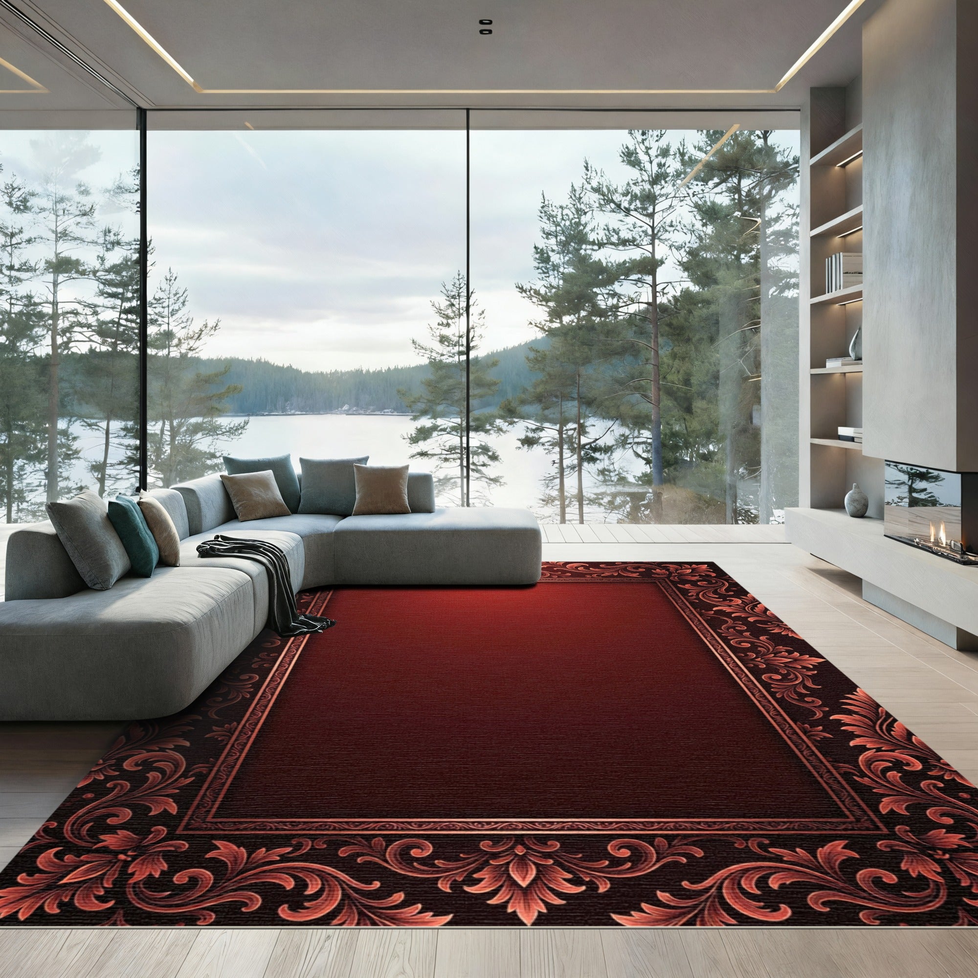 Ornate Crimson Victorian Damask Bordered Backdrop Rug