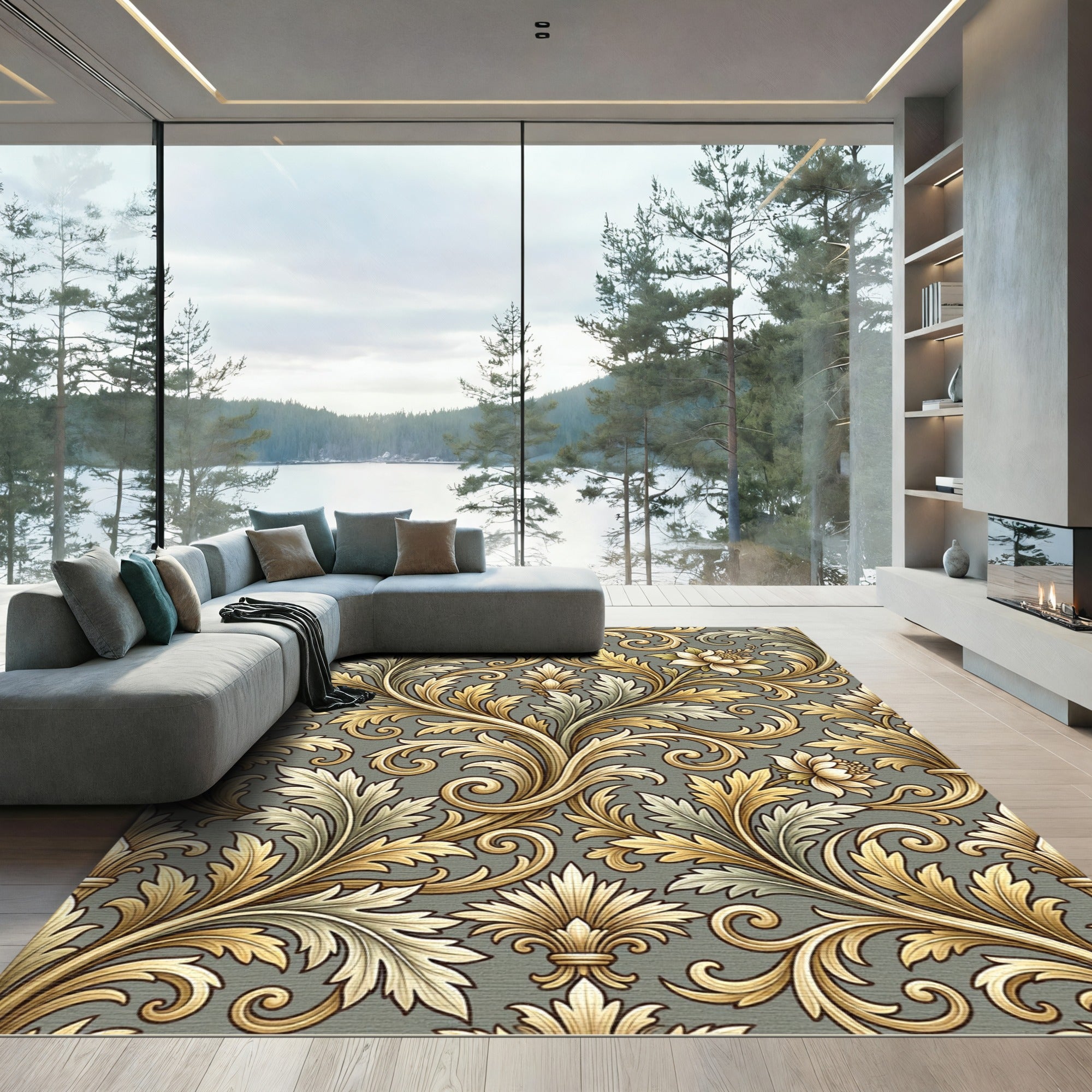 Elegant Golden Scroll Floral Sage Foliage Rug