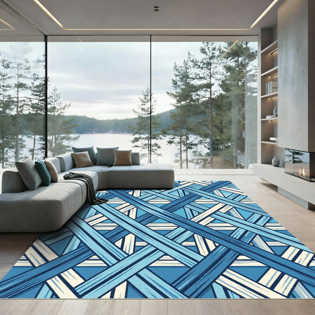 Geometric Blue Woven Lattice Texture Rug