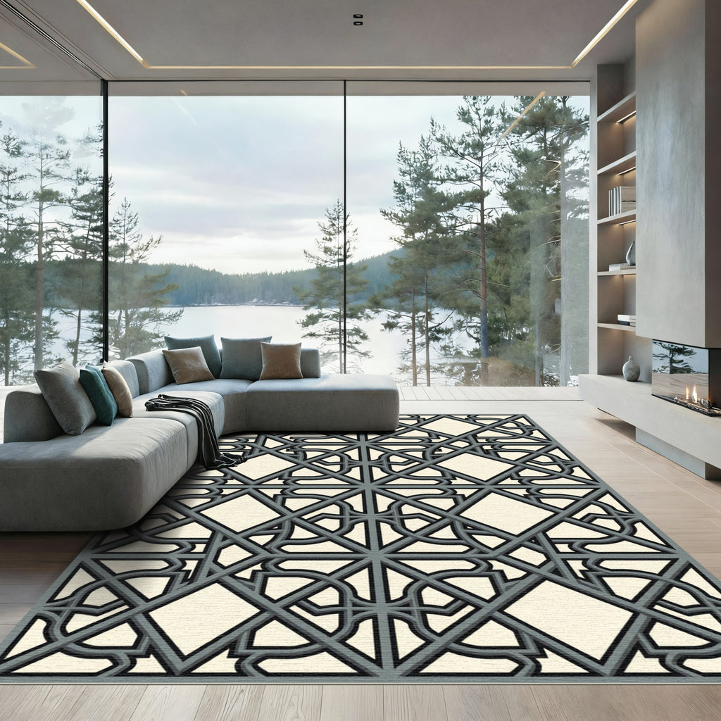 Gray Interlocking Geometric Lattice Rug