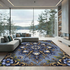Ornate Vintage Blue Golden Floral Medallion Rug