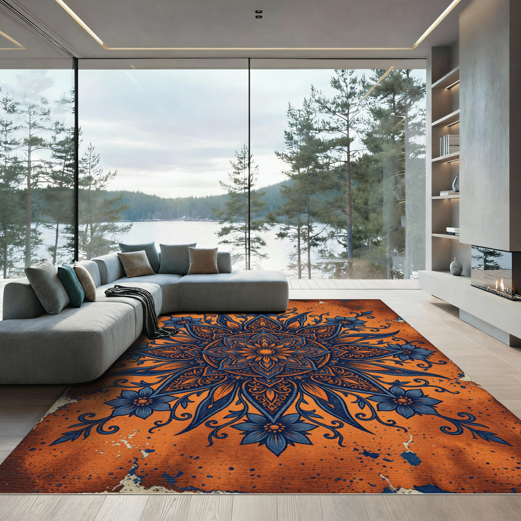 Orange Blue Floral Mandala Sunburst Rug