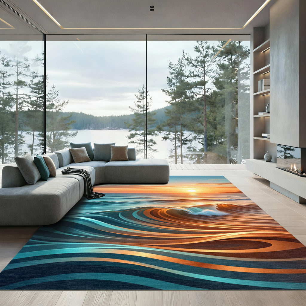 Sunset Gradient Abstract Ocean Wave Rug