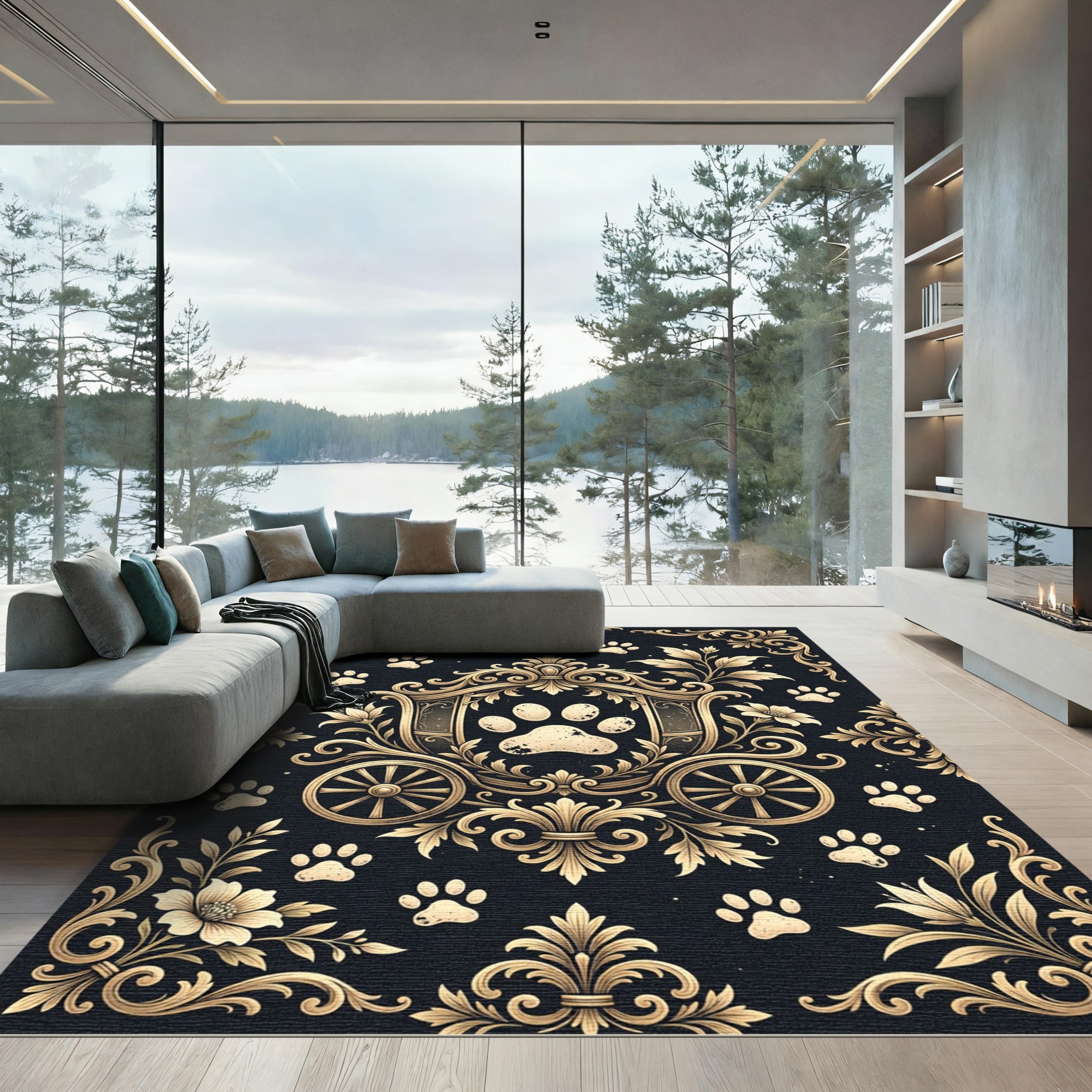 Elegant Gold Paw Carriage Filigree Rug