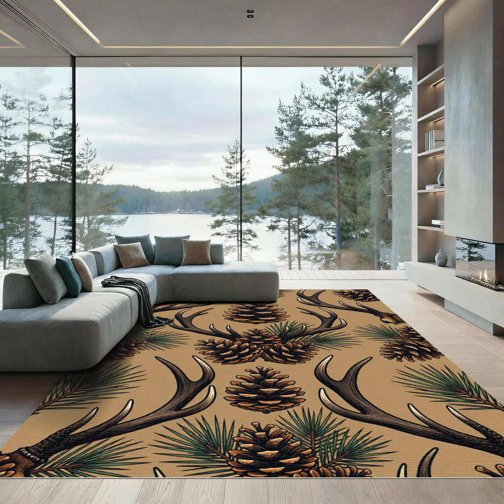 Rustic Deer Antler Pinecone Woodland Rug