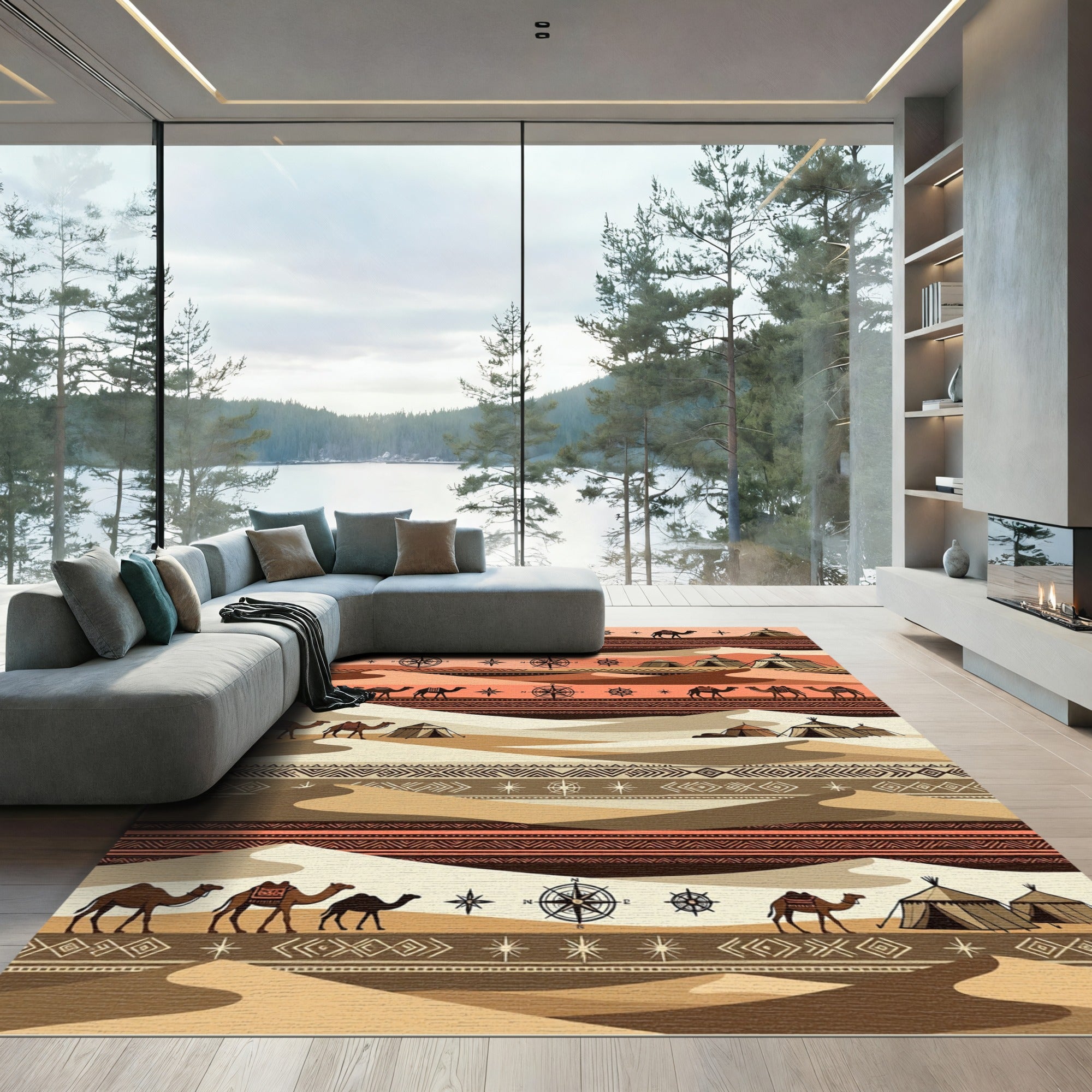 Earthy Desert Camel Compass Stripe Rug