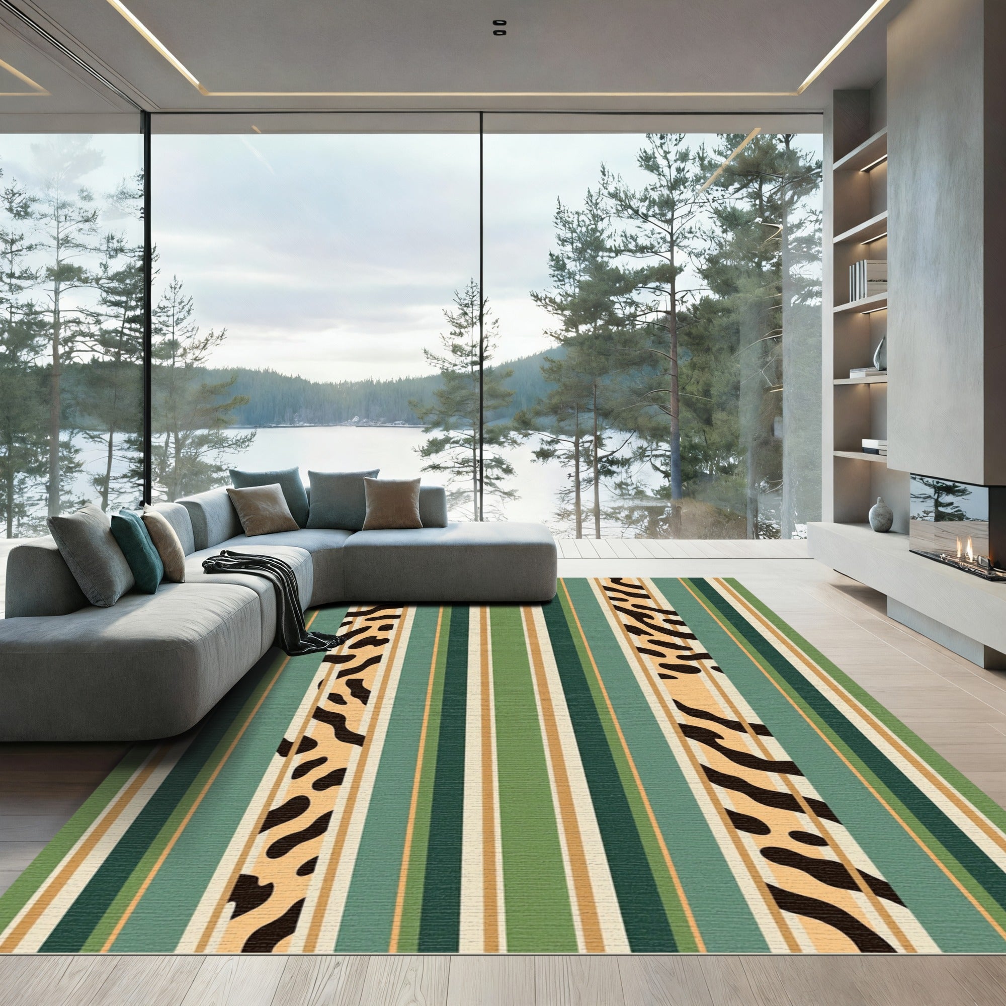 Green and Tan Striped Animal Spot Rug