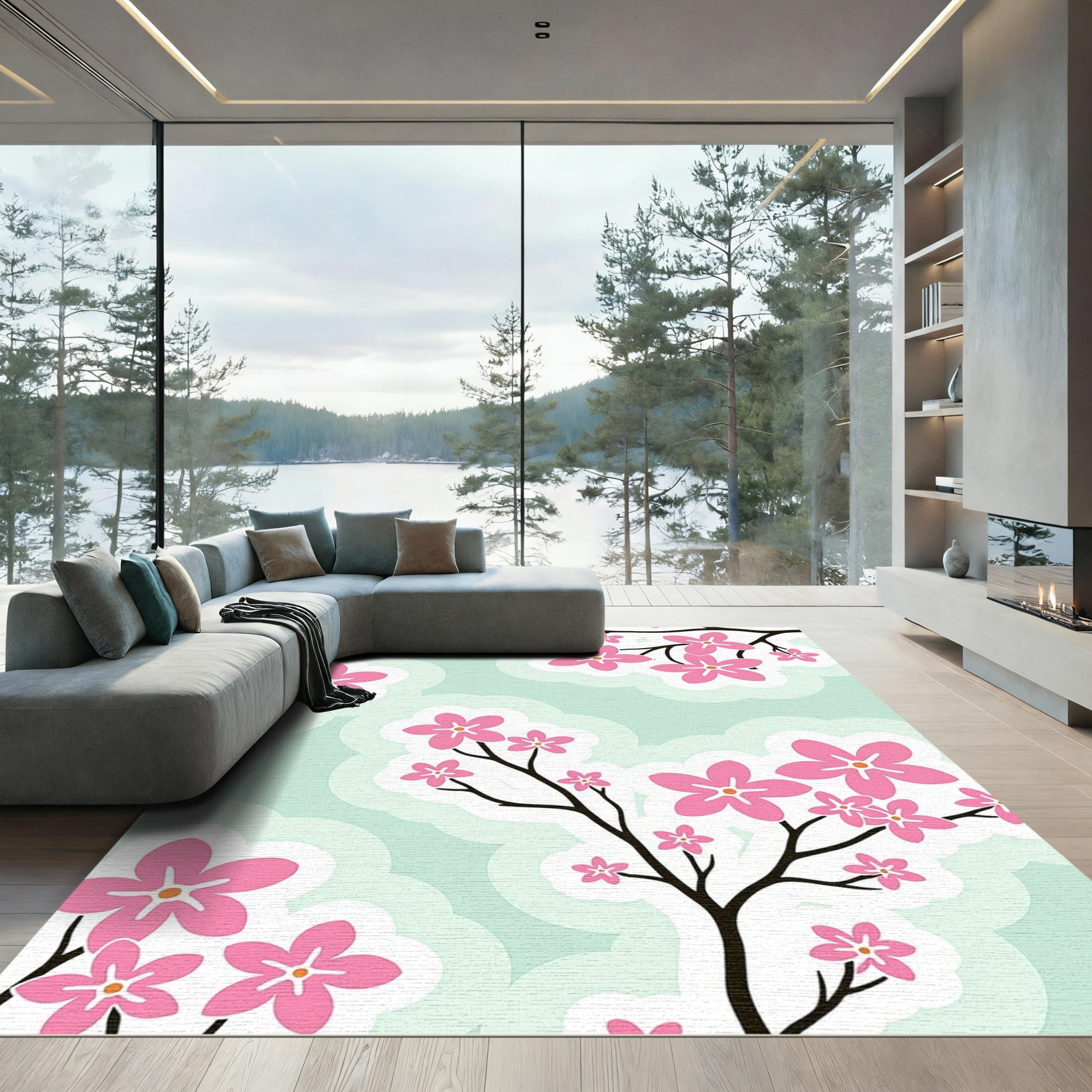 Soft Pink Blossom Branch Sky Rug
