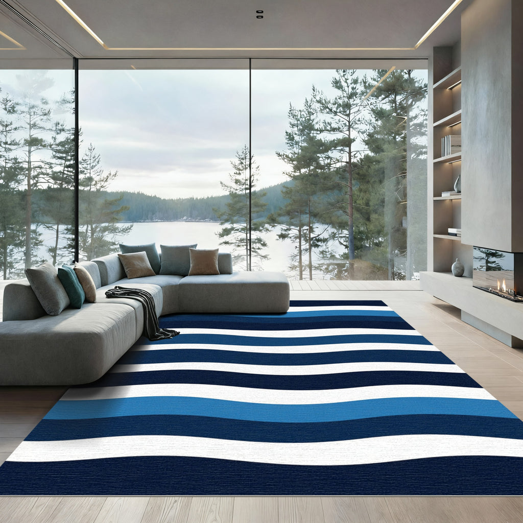 Modern Blue Wavy Striped Rug
