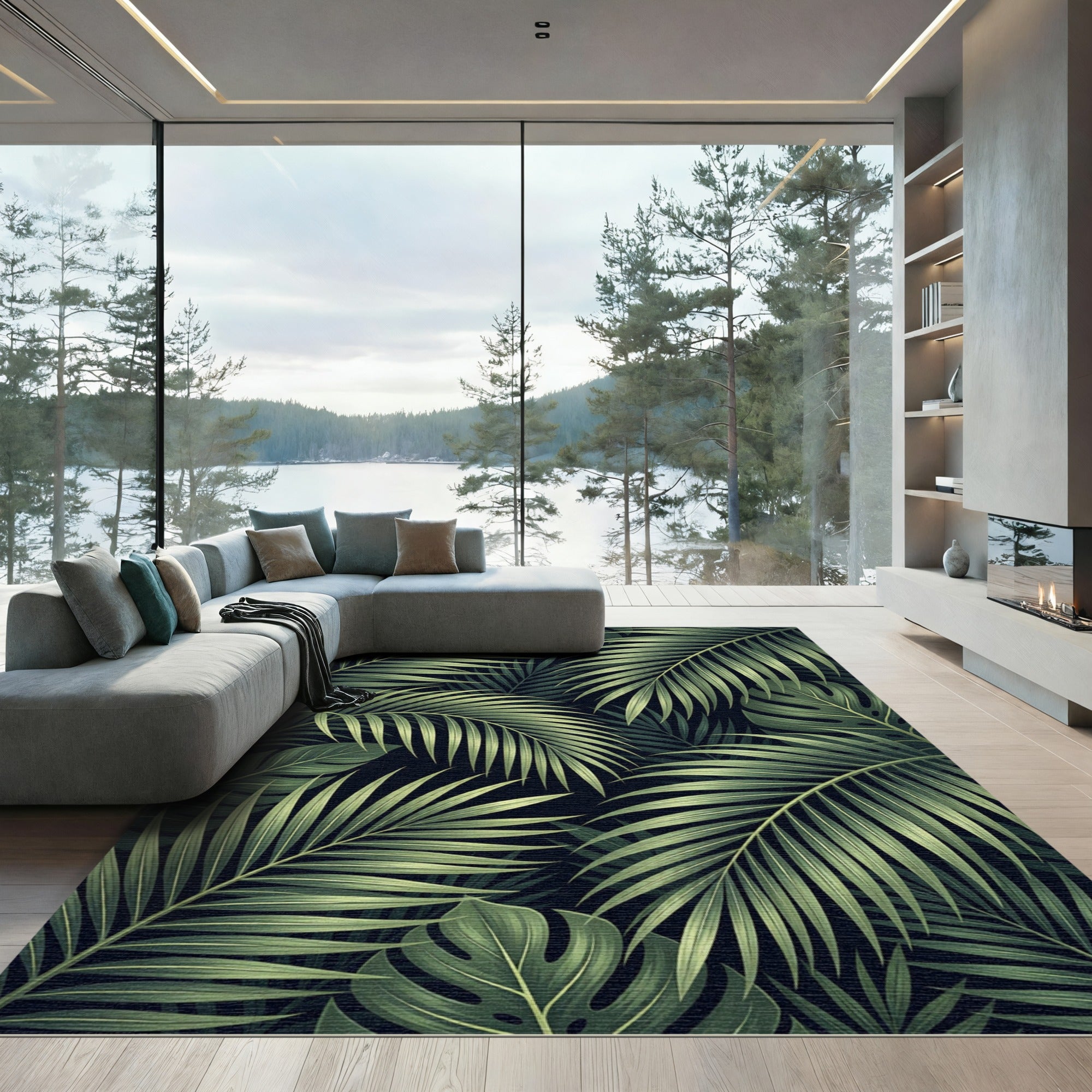 Verdant Palm Frond Dark Ambient Rug