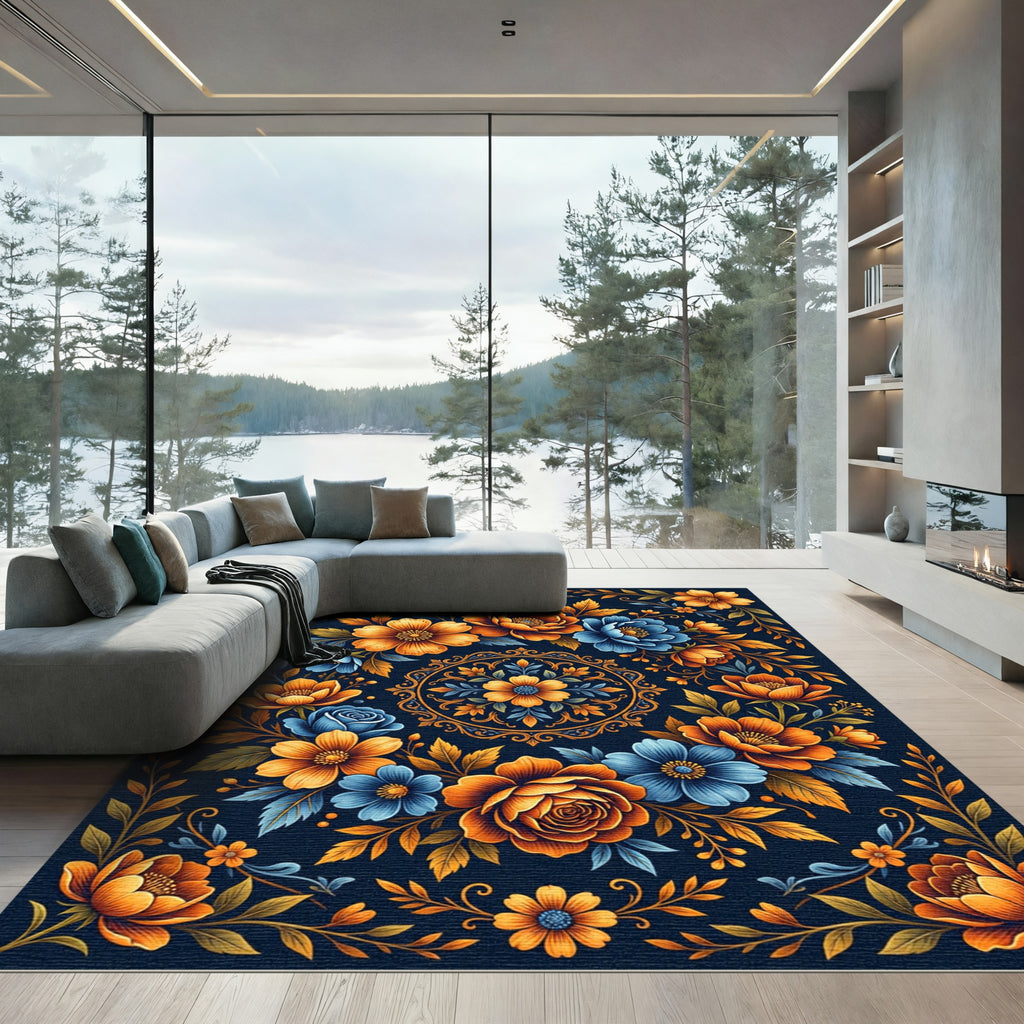 Vibrant Orange Blue Floral Garden Arrangement Rug