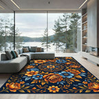Vibrant Orange Blue Floral Garden Arrangement Rug