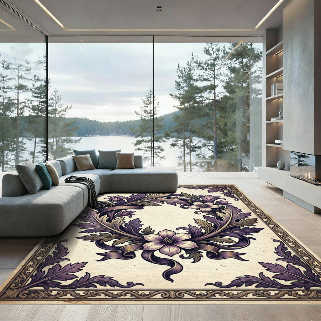 Victorian Purple Floral Wreath Ornate Rug