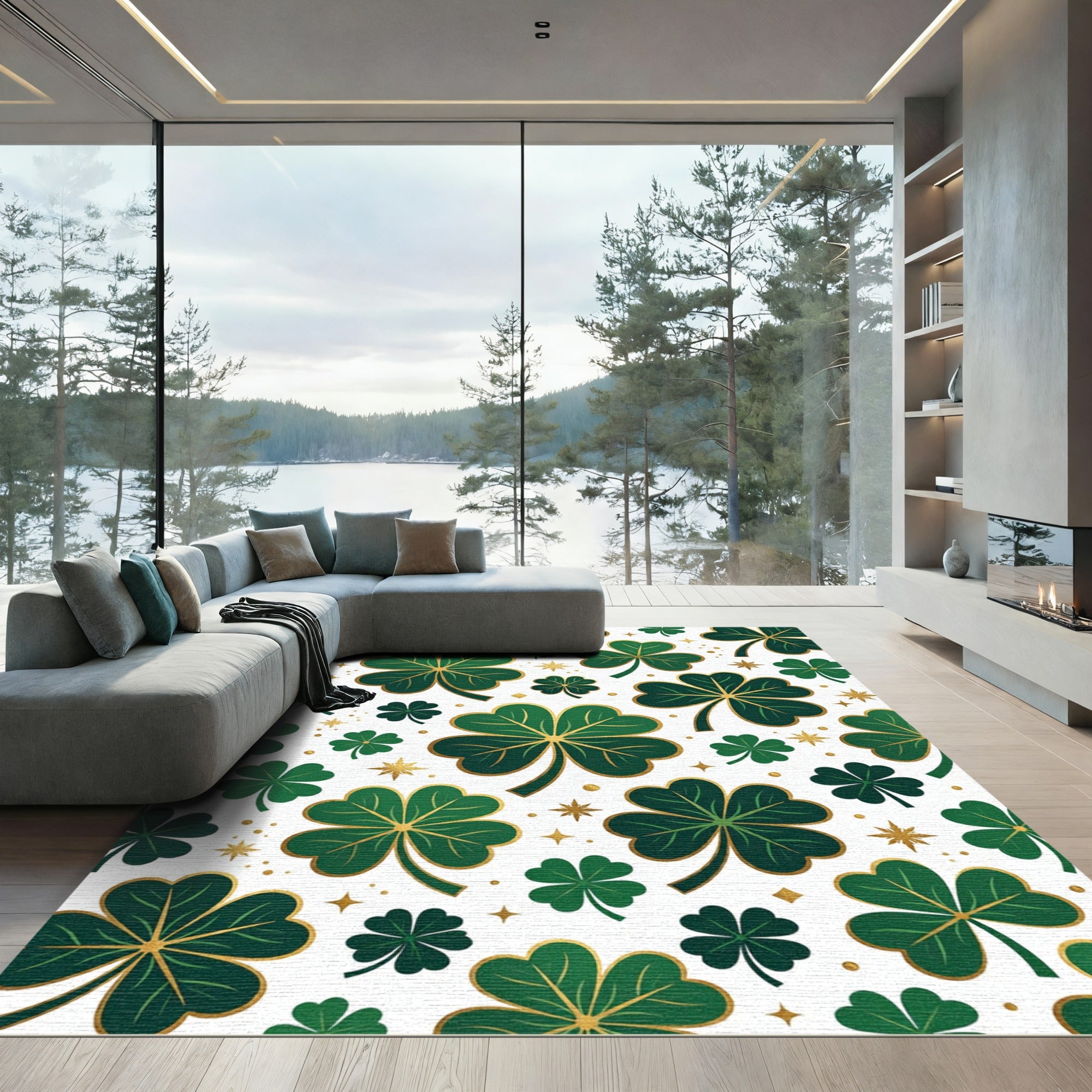 Elegant Golden Clover Leaf Shamrock Rug