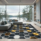 Modern Metallic Gold Gray Hexagonal Grid Rug
