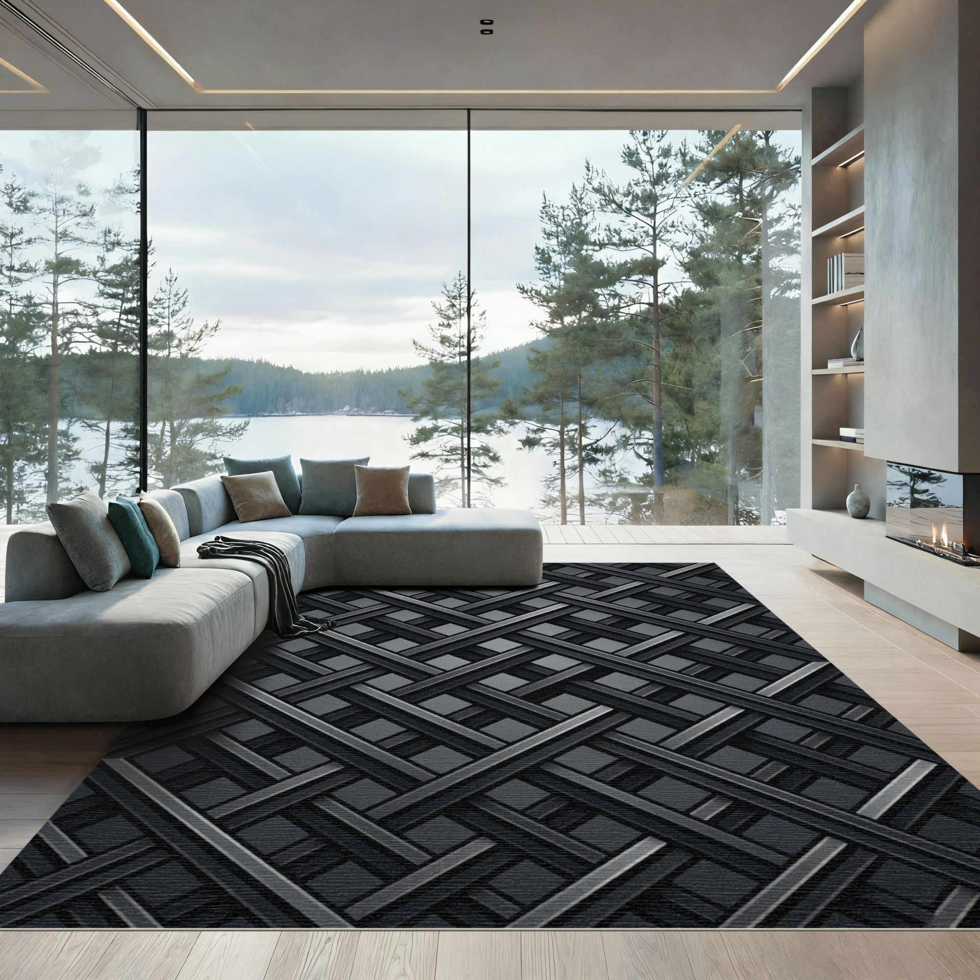 Modern Charcoal Intersecting Geometric Weave Rug