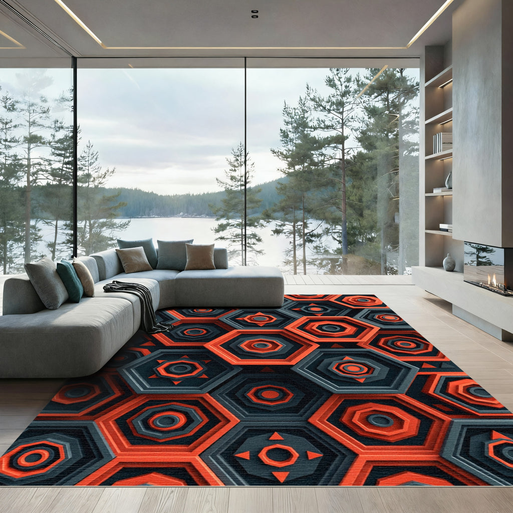 Bold Burnt Orange Geometric Hexagon Rug