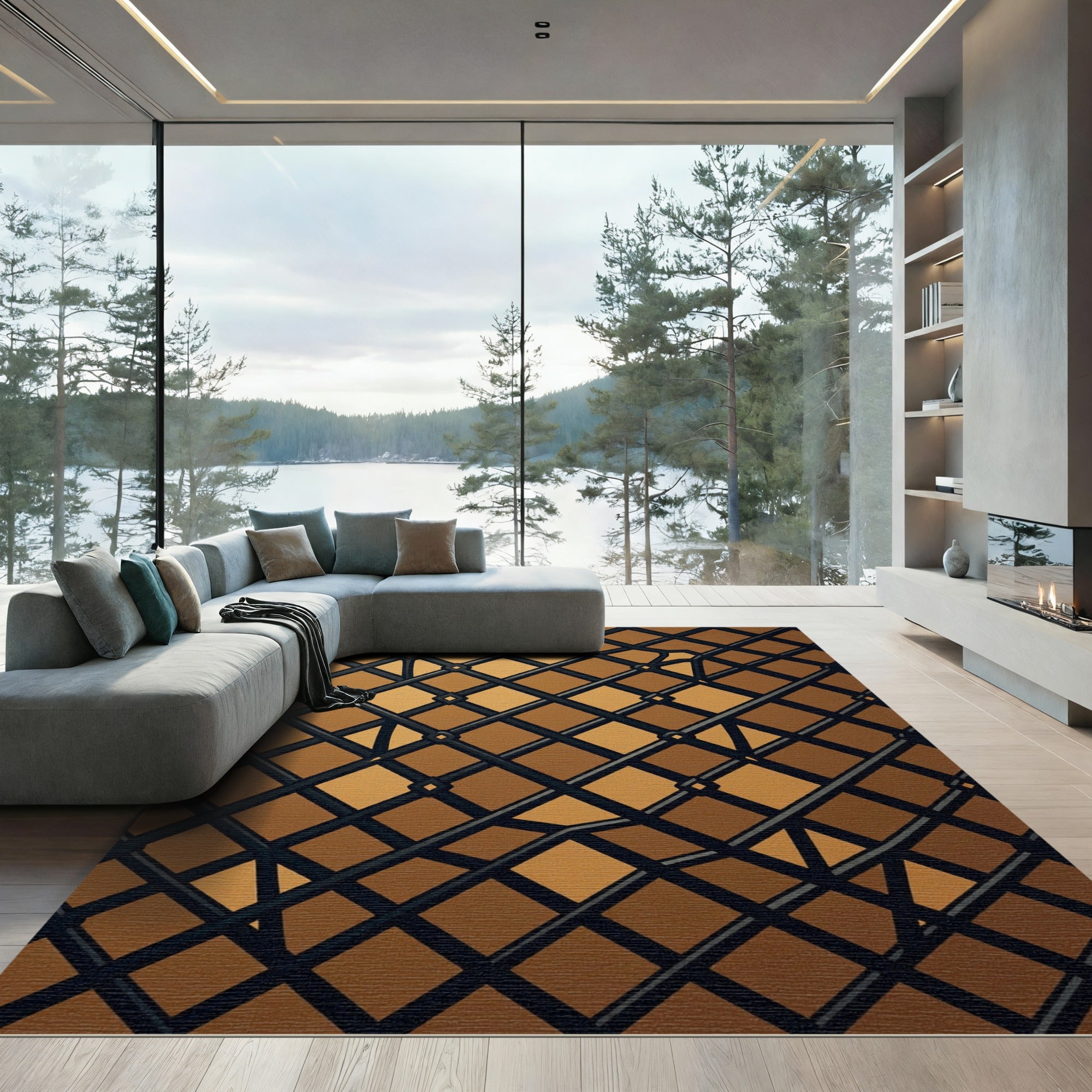 Contemporary Bronze Geometric Lattice Grid Rug