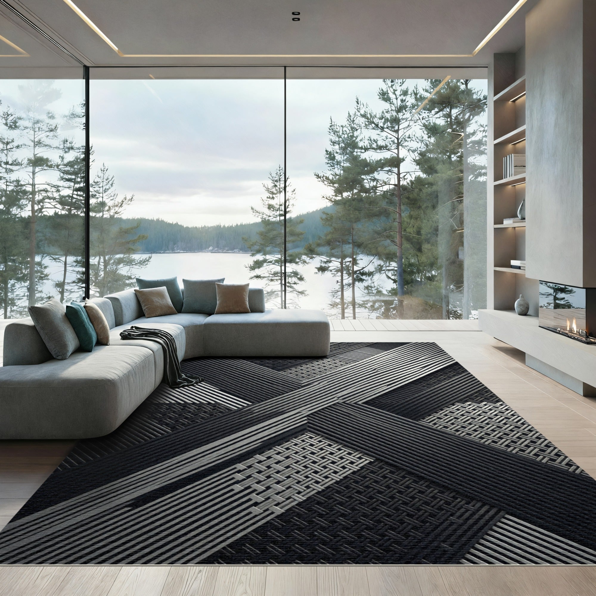 Monochrome Geometric Linear Interwoven Grid Rug