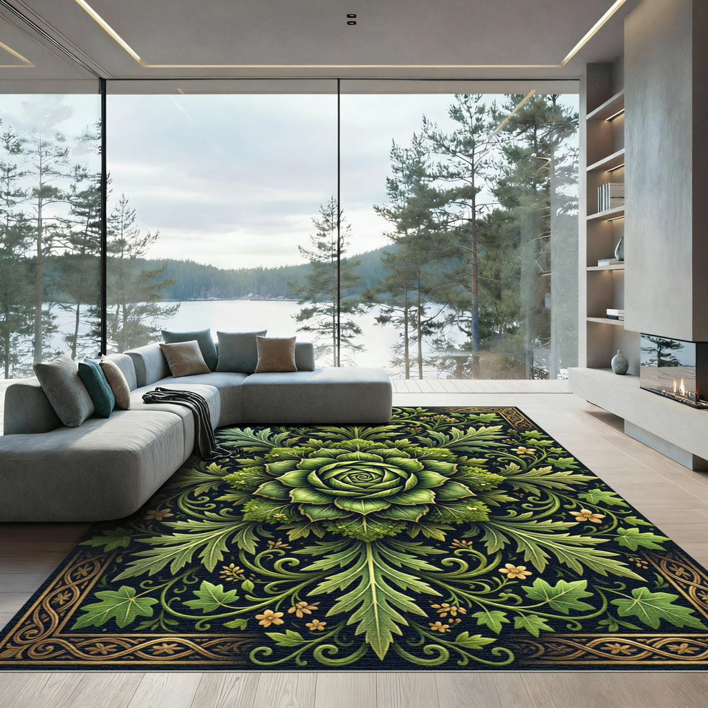 Ornate Verdant Botanical Rose Medallion Rug
